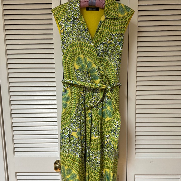 Ellen Tracy Cotton Lined V Neck Sleeveless Dress Pockets Yellow Print - Picture 1 of 16